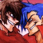  blue_hair brown_hair crossover getter_robo grin kamina male_focus manly multiple_boys nagare_ryoma shin_getter_robo smile super_robot_wars super_robot_wars_z2 tengen_toppa_gurren_lagann wrato 