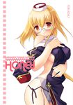  blonde_hair blue_panties blush breasts clothes_in_front cover cover_page covered_nipples covering doujinshi embarrassed garter_belt glasses hat kunai_uri lingerie long_hair medium_breasts panties priest priest_(ragnarok_online) ragnarok_online side-tie_panties sideboob simple_background solo standing topless underwear untied very_long_hair yellow_eyes 