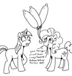  black_and_white condom cutie_mark english_text equine female feral friendship_is_magic horn horns horse mammal monochrome my_little_pony pinkie_pie_(mlp) plain_background pony text twilight_sparkle_(mlp) unicorn unknown_artist white_background 