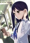  adjusting_hair black_hair book bus bus_interior ground_vehicle hanasaku_iroha hino_minato_(spec.c) holding holding_book long_hair motor_vehicle pale_skin reading school_uniform serafuku solo tsurugi_minko 