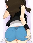  agemono armband ass brown_hair exposed_pocket facing_away from_behind hairband head_out_of_frame lavender_background long_hair pokemon pokemon_(game) pokemon_bw ponytail shorts simple_background solo standing sweatband touko_(pokemon) very_long_hair vest 