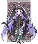  art_nouveau bad_id bad_pixiv_id bare_shoulders black elbow_gloves feathers flower gloves highres hiiragi_kagami long_hair lucky_star pantyhose purple_eyes purple_hair rindou_(awoshakushi) solo twintails 