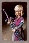  blonde_hair blue_eyes child dress master_sword md5_mismatch ornate pointy_ears princess_zelda realistic reevolver sheath short_hair smile solo sword the_legend_of_zelda triforce weapon young_zelda younger 