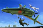  aerial_battle aircraft airplane artist_name battle building day gyan_(akenosuisei) hat horizon j7w_shinden male_focus military multiple_boys original p-51_mustang pilot propeller signature sky wind world_war_ii 