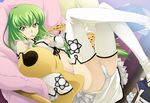  breasts c.c. cheese-kun code_geass detached_sleeves eating food green_hair holding_pizza lingerie long_hair looking_at_viewer lying medium_breasts navel on_back panties pizza pizza_hut revision saipaco solo thighhighs underwear very_long_hair white_legwear white_panties yellow_eyes 