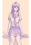  feet_out_of_frame legs long_hair mcq monochrome original purple revision school_uniform serafuku short_sleeves sitting skirt solo 