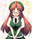  bespectacled between_breasts blush braid breasts chinese_clothes closed_eyes clothes_between_breasts dress glasses green_dress hat hong_meiling long_hair necktie open_mouth red_hair smile solo tekehiro touhou twin_braids v_arms 