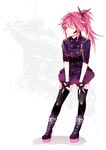  bad_id bad_pixiv_id belt boots cul fingerless_gloves gloves hands_on_thighs hatsuko headset long_hair medal one_eye_closed pink_eyes pink_hair ponytail skirt solo standing thighhighs vocaloid zettai_ryouiki 