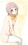  breasts kannagi_noel medium_breasts nipples purple_eyes sado_makoto scarf short_hair sitting solo sora_no_woto thighhighs white_legwear zoom_layer 