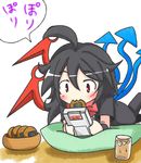  :3 ahoge asymmetrical_wings black_hair blue_wings blush bow charizard chibi cookie dress drink eating food game_boy gen_1_pokemon glass handheld_game_console houjuu_nue lava_cookie lying pillow playing_games pokemon pokemon_(creature) pokemon_(game) pokemon_rgby red_eyes red_wings rindou_(p41neko) short_hair simple_background solo touhou white_background wings wristband 