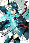  ao_no_exorcist bad_id bad_pixiv_id blue_eyes blue_fire fang fire flaming_sword holding holding_sword holding_weapon kizuna_(black15) male_focus necktie okumura_rin one_eye_closed pointy_ears sheath smile solo striped striped_neckwear sword unsheathing weapon 