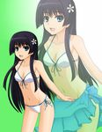  aqua_sarong bangs bare_shoulders bikini black_hair blue_eyes breasts collarbone flower front-tie_top gradient gradient_background groin hair_flower hair_ornament highres kenken long_hair looking_at_viewer medium_breasts navel official_style open_mouth sarong saten_ruiko side-tie_bikini smile solo standing swimsuit to_aru_kagaku_no_railgun to_aru_majutsu_no_index zoom_layer 