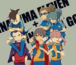  carrying crossover fudou_akio hair_over_one_eye inazuma_eleven inazuma_eleven_(series) inazuma_eleven_go inazuma_japan kazemaru_ichirouta kidou_yuuto kirino_ranmaru laphy lightning_bolt male_focus multiple_boys raimon raimon_soccer_uniform shindou_takuto shoulder_carry soccer_uniform sportswear tsurugi_kyousuke 