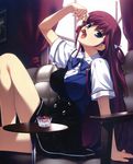  absurdres asymmetrical_clothes blue_eyes breasts cherry couch curtains eating food fruit fumio_(ura_fmo) grisaia_(series) grisaia_no_kajitsu highres holding holding_food holding_fruit long_hair long_legs looking_at_viewer medium_breasts open_mouth purple_hair ribbon school_uniform skirt suou_amane window 