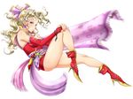  bare_legs bare_shoulders blonde_hair breasts cape cleavage dagger detached_sleeves earrings final_fantasy final_fantasy_vi full_body hair_ornament high_heels jewelry legs long_hair long_legs medium_breasts ponytail purple_eyes shikuta_maru shoes simple_background solo thighs tina_branford weapon 