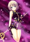  black_wings blonde_hair blue_eyes blush hair_ornament lyrical_nanoha magical_girl mahou_shoujo_lyrical_nanoha_strikers no_jacket saki_chisuzu schwertkreuz short_hair skirt solo staff thighs unison wings x_hair_ornament yagami_hayate 