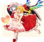  arm_hug ascot bad_id bad_pixiv_id bat_wings blonde_hair blue_hair bow closed_eyes dress flandre_scarlet hat hat_bow heart homura_(aristocrat-y) light_smile long_hair mary_janes multiple_girls no_shoes open_mouth red_eyes remilia_scarlet shoes short_sleeves siblings side_ponytail sisters smile socks touhou white_legwear wings wrist_cuffs 