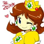  blue_eyes brown_hair crown dress earrings fukumitsu_(kirarirorustar) jewelry mario_(series) nintendo princess princess_daisy super_mario_bros. super_mario_land white_background wink 