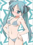  bikini green_eyes hair_ribbon hands_on_hips hatsune_miku hiiragi_kagami long_hair lucky_star navel ribbon side-tie_bikini solo swimsuit tanuki_yousuke third-party_edit tsurime twintails very_long_hair vocaloid 