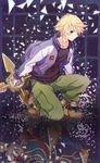  bad_id bad_pixiv_id blonde_hair blue_eyes boots different_reflection highres ivan_karelin jacket letterman_jacket male_focus minmin_nemui origami_cyclone purple_jacket reflection solo superhero tiger_&amp;_bunny 