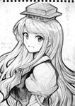  :d graphite_(medium) greyscale hat kamishirasawa_keine long_hair monochrome open_mouth portrait rsk smile solo touhou traditional_media upper_body 