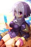  breasts food highres large_breasts lavender_hair legs ooyama_kina pointy_ears popsicle priest_(ragnarok_online) purple_eyes ragnarok_online short_hair sitting solo thighs 