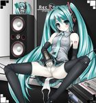  1girl bare_shoulders bdsm blush bondage bound censored detached_sleeves green_eyes green_hair hatsune_miku headphones highres hypnotic-trance legs long_hair masturbation necktie nopan pale_skin panties panty_pull pussy pussy_juice pussy_juice_trail rope side-tie solo spread_legs stockings thighhighs twintails underwear upskirt vocaloid 