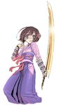  arm_guards brown_hair bushidou_(sekaiju) cowboy_shot green_eyes hakama hip_vent holding holding_sword holding_weapon japanese_clothes kimono long_sleeves looking_at_viewer obi purple_hakama sash satou_atsuki sekaiju_no_meikyuu short_hair solo standing sword unsheathed weapon 