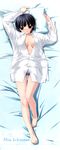  1girl barefoot black_hair dakimakura dress_shirt feet hashimoto_takashi highres ichinose_mio no_bra open_clothes open_shirt oversized_clothes pantsu pillow shirt stick_poster white_breath 