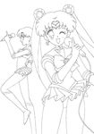  2girls artist_request bishoujo_senshi_sailor_moon blush microphone mizuno_ami monochrome multiple_girls sailor_mercury sailor_moon singing sketch smile tsukino_usagi wink 