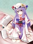  bad_id bad_pixiv_id blush book bookmark bow crescent hair_bow hat highres lace long_hair patchouli_knowledge purple_eyes purple_hair shromann solo star touhou 