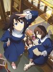  absurdres animal_slippers artist_request bed black_hair blue_eyes book brown_eyes brown_hair bunk_bed bunny_slippers chips dog dutch_angle food hand_on_hip highres kara_no_kyoukai kokutou_azaka long_hair looking_up multiple_girls pocky potato_chips ryougi_shiki scan school_uniform short_hair sitting slippers 