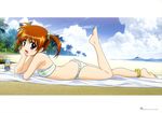  absurdres anklet barefoot beach bikini brown_hair cloud day feet hair_bobbles hair_ornament highres jewelry legs lying lyrical_nanoha mahou_shoujo_lyrical_nanoha mahou_shoujo_lyrical_nanoha_the_movie_1st non-web_source okuda_yasuhiro on_stomach open_mouth outdoors purple_eyes short_twintails sky solo striped striped_bikini swimsuit takamachi_nanoha twintails 