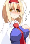  ? alice_margatroid between_breasts blonde_hair blush breasts brown_eyes capelet hairband large_breasts necktie okumari ringed_eyes short_hair simple_background solo touhou upper_body white_capelet 