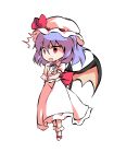  1girl bangs bat_wings black_eyes bow chibi collar collared_dress dairi dress eyebrows_visible_through_hair full_body hair_between_eyes hands_up hat hat_ribbon looking_to_the_side mob_cap no_shoes open_mouth pink_eyes puffy_short_sleeves puffy_sleeves purple_hair red_bow red_ribbon remilia_scarlet ribbon short_hair short_sleeves simple_background socks solo standing tachi-e touhou transparent_background white_dress white_headwear white_legwear white_sleeves wings wrist_cuffs 