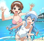  :d ;d a1 bikini blue_eyes blue_hair blush bracelet breasts brown_eyes brown_hair cleavage cloud day hairband ikamusume jewelry long_hair medium_breasts multiple_girls nagatsuki_sanae ocean one-piece_swimsuit one_eye_closed open_mouth outdoors shinryaku!_ikamusume short_hair sky smile sweat swimsuit tentacle_hair water wet white_swimsuit you_gonna_get_raped 