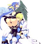  1girl ass ass_grab asymmetrical_wings back bare_shoulders belt blonde_hair blue_eyes blue_hair blush boots couple dizzy guilty_gear hair_ribbon hetero ky_kiske legs licking long_hair ookami_ryousuke open_mouth panties red_eyes ribbon short_hair simple_background sitting tail thighhighs thighs thong tongue tongue_out twintails underwear wings 