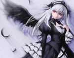  feathers iseki_(kuroshura_no_tabiji) long_hair red_eyes rozen_maiden silver_hair solo suigintou wings 