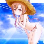  bikini bracelet brown_eyes brown_hair hat itou_shiori jewelry kurabayashi_aya long_hair mitsudomoe navel see-through side-tie_bikini solo straw_hat swimsuit twintails 