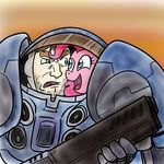  blue_eyes brown_hair confusion crossover equine female friendship_is_magic fur green_eyes gun hair horse madmax male mammal marine meme my_little_pony pink_fur pink_hair pinkie_pie_(mlp) pinkie_pie_out_of_fucking_nowhere plain_background pony power_armor ranged_weapon starcraft stubble weapon 