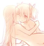  akemi_homura arm_support blush closed_eyes couple hairband happy hijiki_(hijikini) hug kaname_madoka long_hair lying mahou_shoujo_madoka_magica monochrome multiple_girls nude on_side one_eye_closed short_hair simple_background sketch smile twintails yuri 