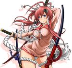  antenna_hair blue_eyes blush breasts hair_ornament hyakka_ryouran_samurai_girls i-la katana large_breasts legs long_hair open_mouth panties red_hair rope solo sword thighs transparent_background underwear weapon yagyuu_juubei_(hyakka_ryouran) 