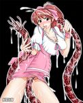  1girl apron blush brown_eyes cleavage consensual_tentacle_sex ejaculation impregnation internal_cumshot pink_hair pregnant semen sex tagme tentacle_grab tentacles tongue vaginal 