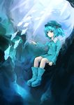  absurdres blue_eyes blue_hair chagu fish hair_bobbles hair_ornament hat highres kawashiro_nitori key nature short_hair sitting smile solo touhou two_side_up underwater 