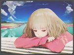  blonde_hair closed_eyes cloud day face jewelry ocean original ring scenery short_hair sky sleeves_past_wrists soe solo 