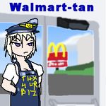  apron blonde_hair blue_apron blue_eyes blue_hat breasts character_name cleavage clothes_writing english half-closed_eyes hands_in_pockets hat lowres mcdonald's mspaint personification raijinz shirt short_hair short_sleeves solo uniform walmart yellow_shirt 