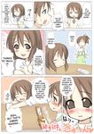  2girls =_= apron blush brown_eyes brown_hair cellphone comic controller cup garyou hair_ornament hair_ribbon hairclip hard_translated hirasawa_ui hirasawa_yui k-on! mug multiple_girls no_eyes o_o phone ponytail remote remote_control ribbon school_uniform short_hair siblings sisters sweater_vest translated yuri 