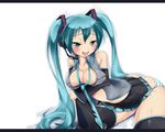  aqua_eyes aqua_hair breast_hold breasts cleavage detached_sleeves hatsune_miku imazon long_hair medium_breasts microphone necktie open_clothes open_shirt panties shirt side-tie_panties sitting skirt solo striped striped_panties thighhighs twintails underwear vocaloid 