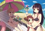  4girls age_difference beach bikini black_hair blonde_hair blue_eyes blush breasts brown_hair child cleavage female green_eyes green_hair hair_bobbles hair_ornament hinuki_marina hug large_breasts long_hair multiple_girls navel one-piece_swimsuit open_mouth original popsicle red_eyes short_hair sitting smile swimsuit twintails 