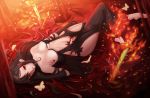  1girl absurdres bangs bare_shoulders barefoot black_dress blood blood_splatter breasts brown_hair bug butterfly center_opening choker collarbone consort_yu_(fate) dress ear_piercing earrings fate/grand_order fate_(series) fire highres insect jewelry long_hair looking_at_viewer lying medium_breasts navel on_back piercing red_eyes revealing_clothes ripples solo strapless strapless_dress sword thighs twit_eg0 very_long_hair weapon 